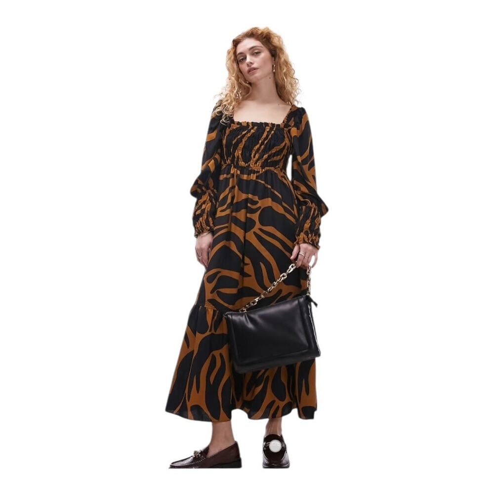 TOPSHOP Shirred Long Sleeve Maxi Dress In Black Brown Multi - Picture 5 of 14